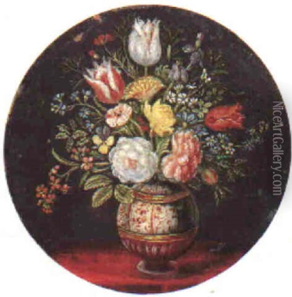 Still Life Of Flowers In A Vase On A Table Draped With A Red Cloth Oil Painting - Jan van Kessel the Elder