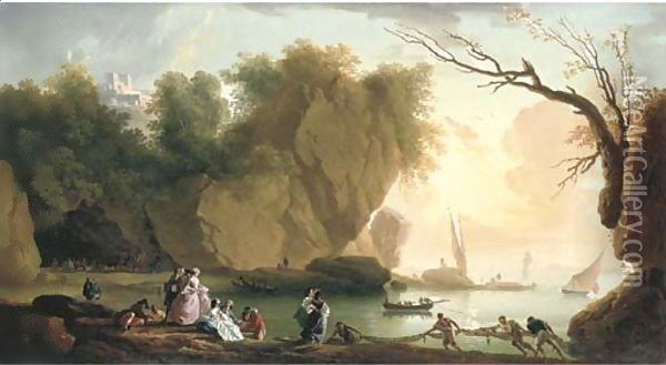 A coastal landscape with elegant figures and fishermen, a fortress and shipping beyond Oil Painting - Vernet Claude Joseph