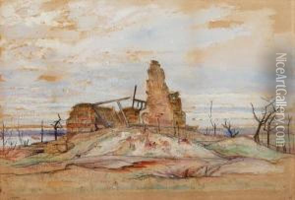 Bombed Ruins On The Western Front - Clery Oil Painting - William Rothenstein