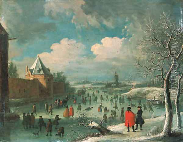 A winter landscape with townsfolk skating on a frozen moat Oil Painting - Jan Griffier I