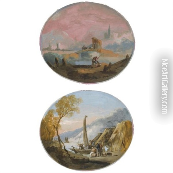 Pair Of Oval Capriccio Landscapes With Figures By A Lake, One With A Bridge And Buildings, The Other With Straw Huts Near The Shore And Both With Boats Oil Painting - Giuseppe Bernardino Bison