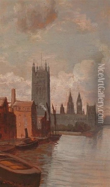 Houses Of Parliament From The Thames Oil Painting - George Hyde Pownall