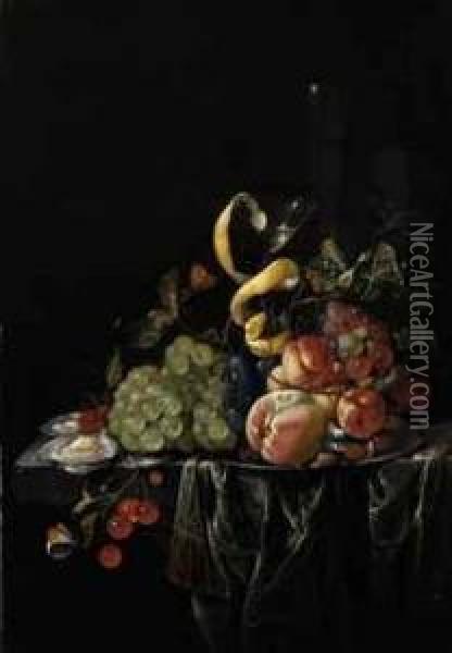 A Facon De Venise Wine Glass 
With Lemon Peel, Grapes, Peaches,plums, Cherries And Oysters On A Partly
 Draped Ledge Withbutterflies, A Caterpillar And A Dragonfly Oil Painting - Cornelis De Heem
