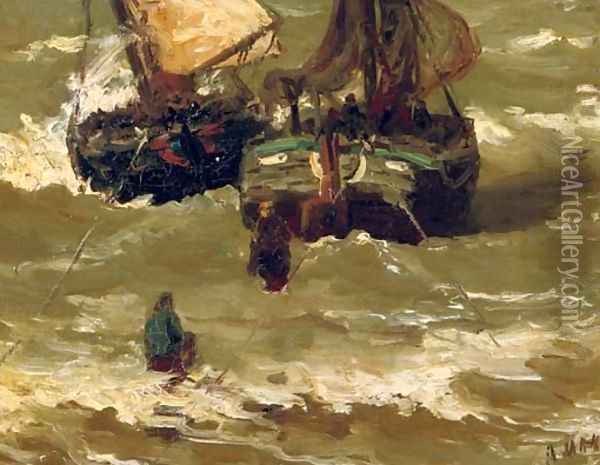 Bomschuiten in the surf Oil Painting - Hendrik Willem Mesdag