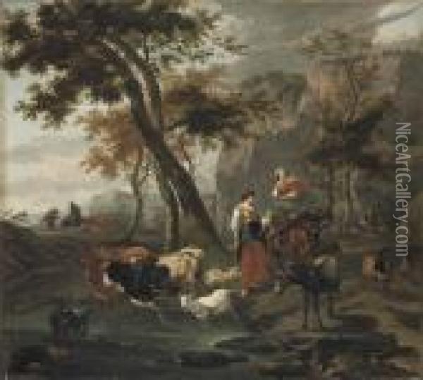 A Wooded Landscape With Drovers Bringing Their Flocks To Water Oil Painting - Nicolaes Berchem