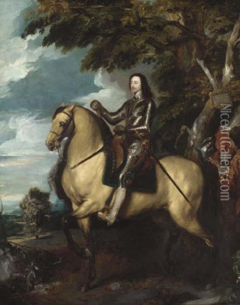 Equestrian Portrait Of King 
Charles Ii, In Armour, With An Attendant Holding His Feathered Helmet, 
In A Landscape Oil Painting - Sir Anthony Van Dyck