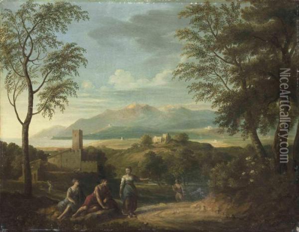 A Classical Coastal Landscape With Figures Resting In Theforeground, Mountains Beyond Oil Painting - Jan Frans Van Bloemen (Orizzonte)