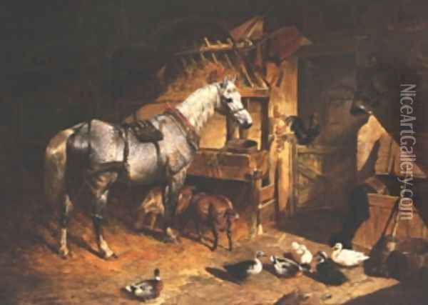 Grey In A Stable With Ducks & Goats Oil Painting - John Frederick Herring Snr