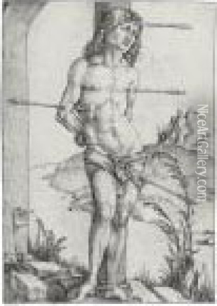 St. Sebastian Bound To The Column (b. 56; M., Holl. 61) Oil Painting - Albrecht Durer