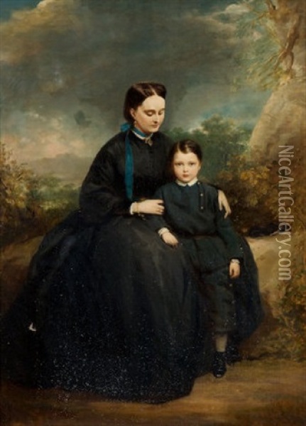 Portrait Of A Lady With Her Son, In A Landscape Oil Painting - Stephen Catterson Smith