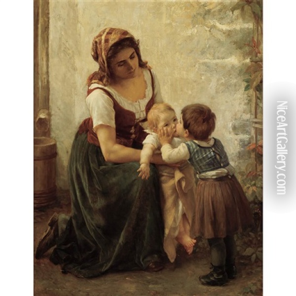 This Kiss (mother And Children) Oil Painting - Timoleon Marie Lobrichon