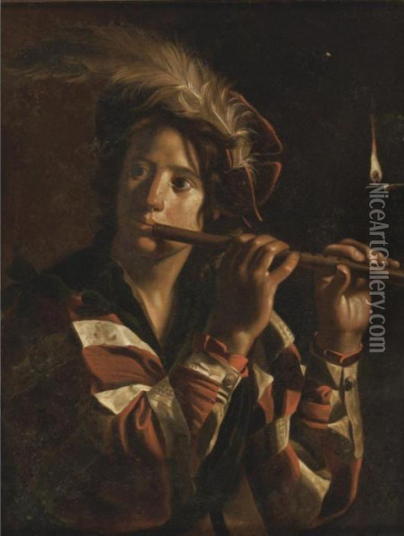 Fluteplayer Oil Painting - Nicolas Tournier