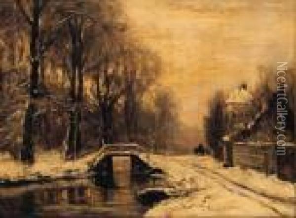 A Snowcovered Forest With A Bridge Across A Stream Oil Painting - Louis Apol