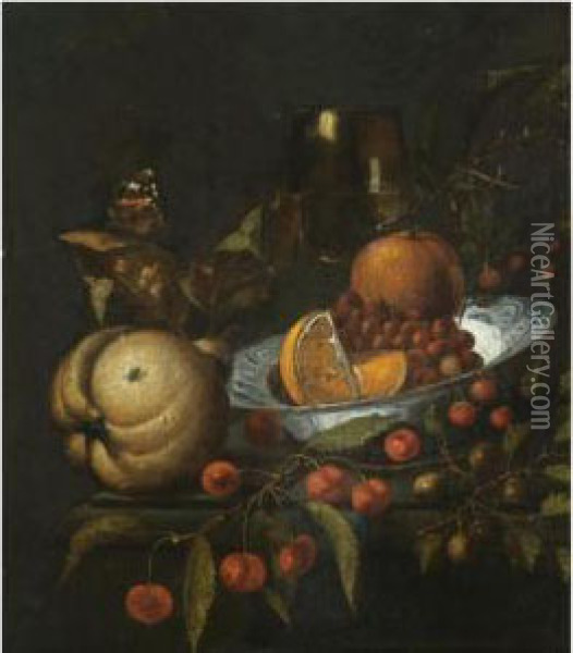 A Still Life With Oranges And 
Wild Strawberries In A Blue And White Porcelain Bowl, Together With 
Gooseberries, Cherries, A Roemer Of Wine, A Pear And A Butterfly On A 
Stone Ledge Oil Painting - Marten Nellius