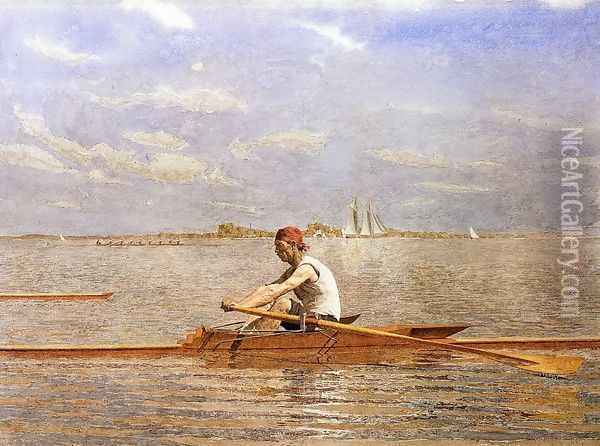 John Biglin in a Single Scull I Oil Painting - Thomas Cowperthwait Eakins