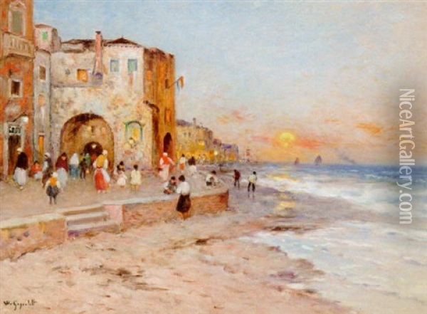 Solnedgang Over Strandpromenad Oil Painting - Wilhelm von Gegerfelt