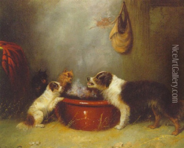 A Spaniel With Terriers At A Trough In A Barn Oil Painting - George Armfield