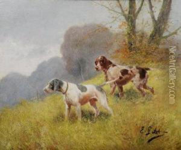 A German Wirehaired Pointer And An English Pointer In An Autumnal Landscape Oil Painting - Eugene Petit