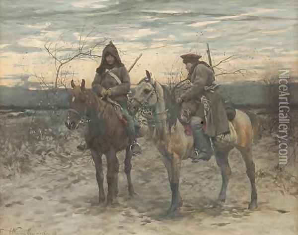 Patrol on Horses Oil Painting - Alfred Wierusz-Kowalski