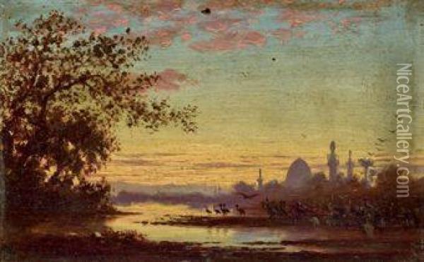 Coucher De Soleil A Siout, Haute Egypte Oil Painting - Ch. Theodore, Bey Frere