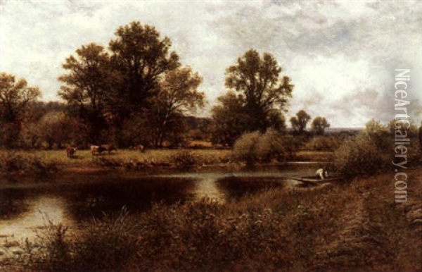 A River Scene With A Figure In A Punt, Near Stratford-on-avon Oil Painting - Alfred Augustus Glendening Sr.