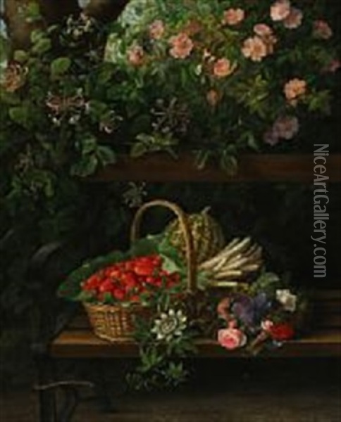 A Garland And A Basket With Strawberries, Asparagus And A Melon On A Bench Oil Painting - Ida Marie Margrethe Heerfordt