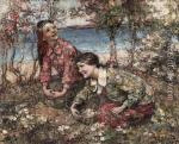 Two Girls Gathering Flowers At Brighouse Bay Oil Painting - Edward Atkinson Hornel