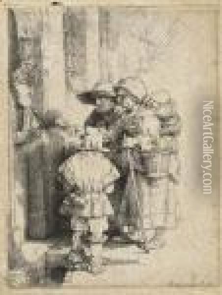 Beggars Receiving Alms At The Door Of A House Oil Painting - Rembrandt Van Rijn