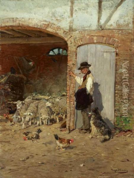 Shepherd With His Dog At The Barn Oil Painting - Hugo Muhlig