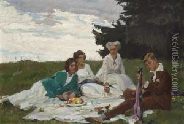 Die Familie Des Kunstlers Beim Picknick. Oil Painting - Robert Weise