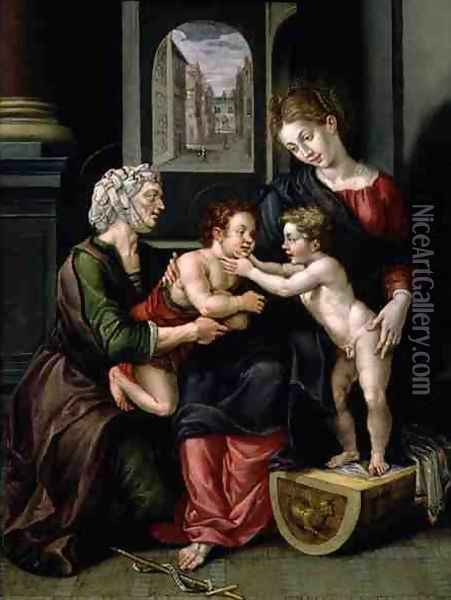 Virgin and Child with the Infant St. John the Baptist and St. Anne Oil Painting - Hendrick De Clerck