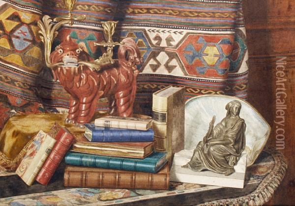 Still Life With Books And Oriental Objects Oil Painting - E Dufaud