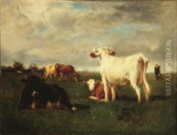 Cows In A Pastoral Landscape Oil Painting - Emile van Marcke de Lummen