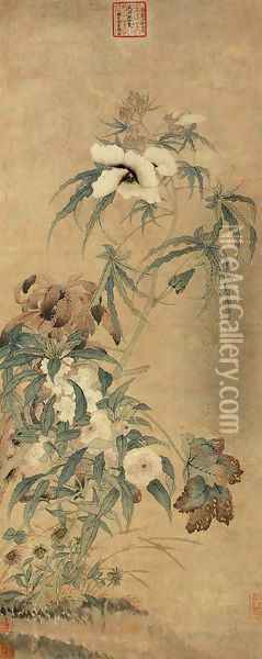 Hollyhocks Oil Painting - Emperor Xuande
