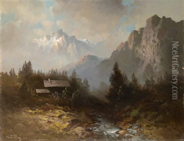 Weite Gebirgslandschaft Mit Bauernhof Oil Painting - Oskar Mulley