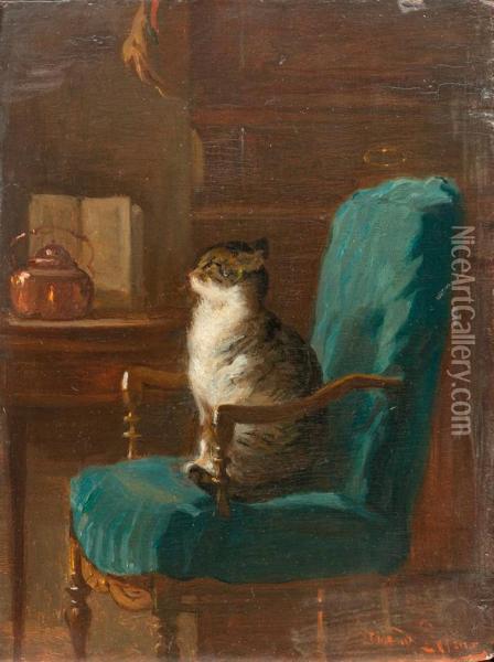 Katze Auf Stuhl In Einem Interieur. Oil Painting - Armand Hubert Simon Leleux