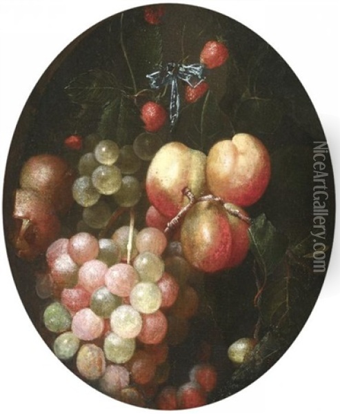 Fruchtestilleben Mit Himbeeren, Pfirsichen Und Trauben In Einem Medaillon Oil Painting - Cornelis De Heem