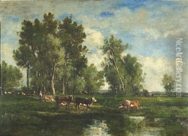 Sommerliche Auenlandschaft Mit Rinderherde Oil Painting - Louis Francois Victor Watelin