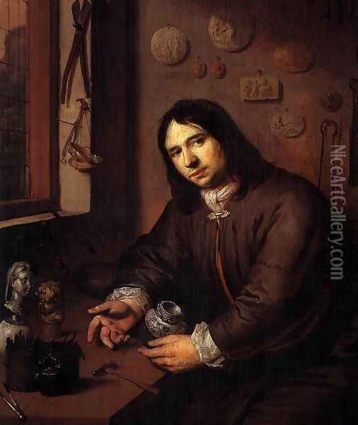 Portrait of a Silversmith in His Workshop (detail) Oil Painting - Dutch Unknown Masters
