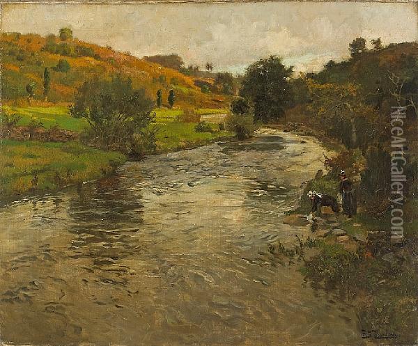 A River Landscape With Two Washerwomen On Theriver Bank Oil Painting - Fritz Thaulow