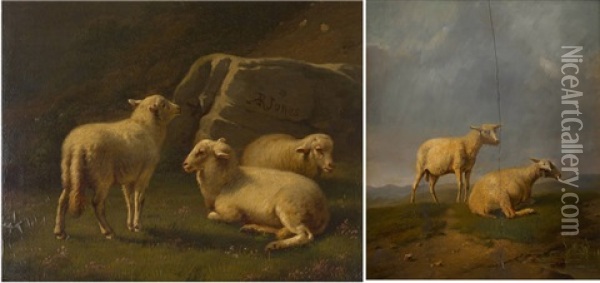 Trois Moutons Au Rocher (+ Deux Moutons Sur Fond De Paysage; 2 Works) Oil Painting - Daniel-Adolphe-Robert Jones