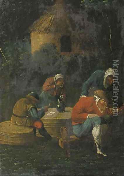 Peasants drinking and smoking by an inn at night Oil Painting - Adriaen Brouwer