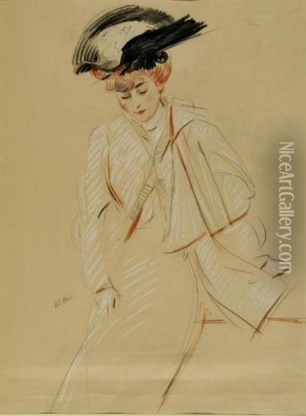 Portrait Of An Elegant Lady In A Plumed Hat Oil Painting - Paul Cesar Helleu
