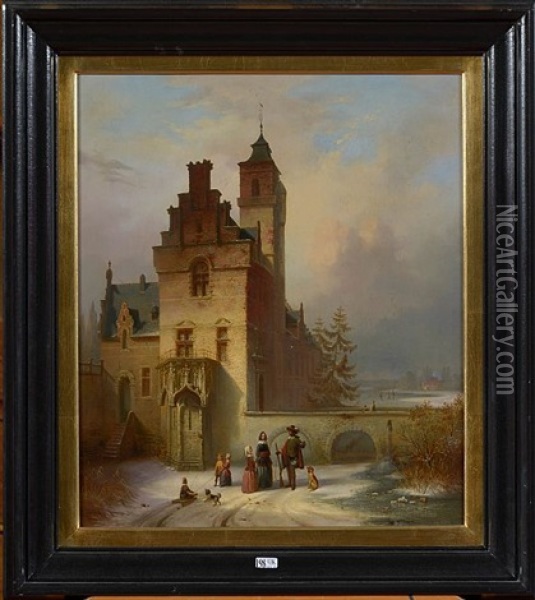 Douves Du Chateau Animees Sous La Neige Oil Painting - Pierre Vervou
