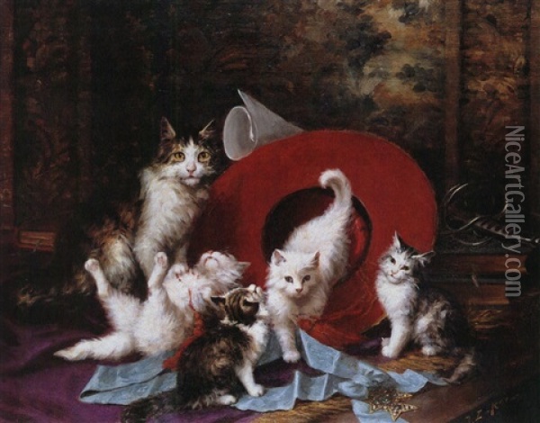 Katzen Vor Rotem Hut Oil Painting - Jules Leroy