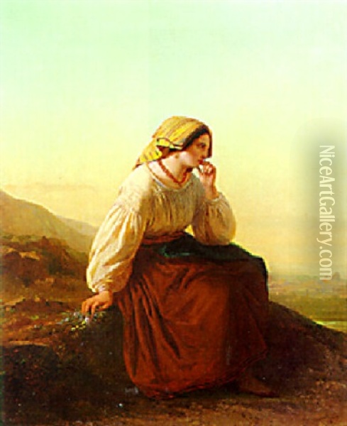 A Pensive Beauty In The Campagna, Rome Beyond Oil Painting - Joseph Meganck