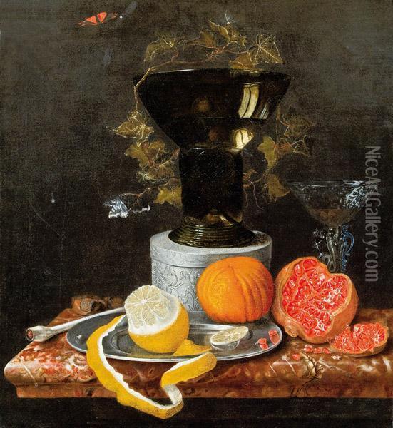 Stillleben Mit Granatapfel, Orange, Geschalter Zitrone Oil Painting - Jacob Rootius