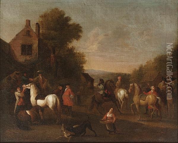Peasants And Horsemen In A Village Street Oil Painting - Jan Peeter Verdussen