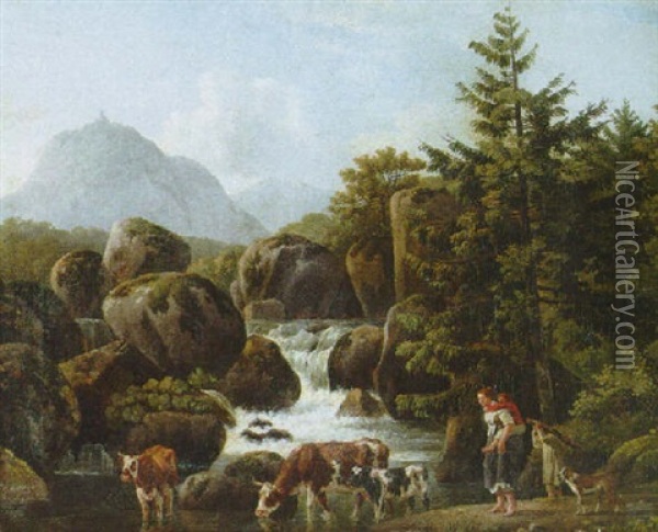 A Mountainous Landscape With A Peasant Family And Cows By A Waterfall Oil Painting - Leendert de Koningh