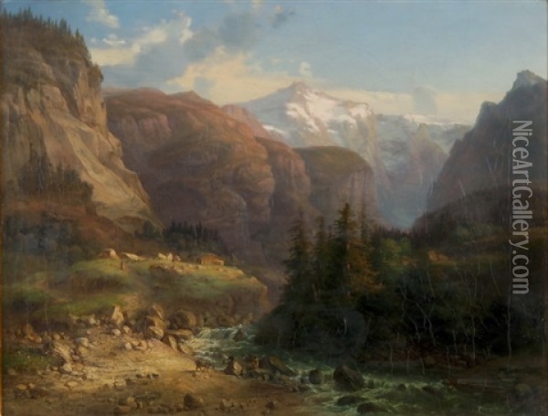Landschaft Im Berner Oberland Mit Wetter- Und Schwarzhorn Oil Painting - Jakob Schwegler